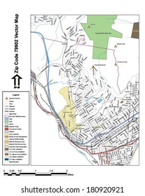 Vector map with summits, rivers, railroads, streets, lakes, parks, airports, stadiums, correctional facilities, military installations and federal lands by zip code 79902 with labels and clean layers.