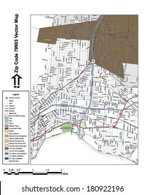 Vector map with summits, rivers, railroads, streets, lakes, parks, airports, stadiums, correctional facilities, military installations and federal lands by zip code 79903 with labels and clean layers.