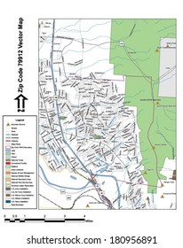 Vector map with summits, rivers, railroads, streets, lakes, parks, airports, stadiums, correctional facilities, military installations and federal lands by zip code 79912 with labels and clean layers.