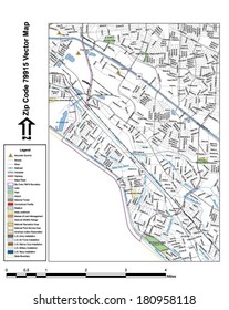 Vector map with summits, rivers, railroads, streets, lakes, parks, airports, stadiums, correctional facilities, military installations and federal lands by zip code 79915 with labels and clean layers.