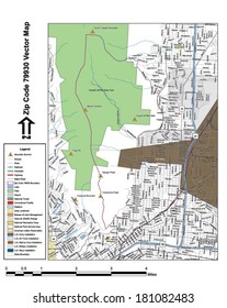 Vector map with summits, rivers, railroads, streets, lakes, parks, airports, stadiums, correctional facilities, military installations and federal lands by zip code 79930 with labels and clean layers.