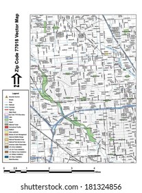 Vector map with summits, rivers, railroads, streets, lakes, parks, airports, stadiums, correctional facilities, military installations and federal lands by zip code 77018 with labels and clean layers.