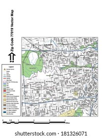 Vector Map With Summits, Rivers, Railroads, Streets, Lakes, Parks, Airports, Stadiums, Correctional Facilities, Military Installations And Federal Lands By Zip Code 77019 With Labels And Clean Layers.