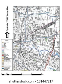 Vector map with summits, rivers, railroads, streets, lakes, parks, airports, stadiums, correctional facilities, military installations and federal lands by zip code 77020 with labels and clean layers.