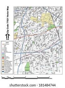 Vector map with summits, rivers, railroads, streets, lakes, parks, airports, stadiums, correctional facilities, military installations and federal lands by zip code 77021 with labels and clean layers.