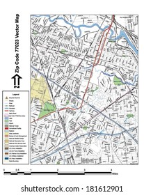 Vector map with summits, rivers, railroads, streets, lakes, parks, airports, stadiums, correctional facilities, military installations and federal lands by zip code 77023 with labels and clean layers.