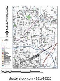 Vector map with summits, rivers, railroads, streets, lakes, parks, airports, stadiums, correctional facilities, military installations and federal lands by zip code 77028 with labels and clean layers.