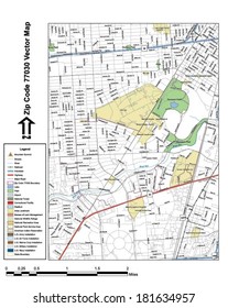 Vector map with summits, rivers, railroads, streets, lakes, parks, airports, stadiums, correctional facilities, military installations and federal lands by zip code 77030 with labels and clean layers.