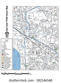 Vector map with summits, rivers, railroads, streets, lakes, parks, airports, stadiums, correctional facilities, military installations and federal lands by zip code 77040 with labels and clean layers.