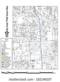 Vector Map With Summits, Rivers, Railroads, Streets, Lakes, Parks, Airports, Stadiums, Correctional Facilities, Military Installations And Federal Lands By Zip Code 77042 With Labels And Clean Layers.