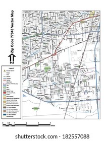 Vector map with summits, rivers, railroads, streets, lakes, parks, airports, stadiums, correctional facilities, military installations and federal lands by zip code 77045 with labels and clean layers.