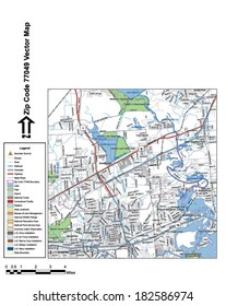 Vector map with summits, rivers, railroads, streets, lakes, parks, airports, stadiums, correctional facilities, military installations and federal lands by zip code 77049 with labels and clean layers.