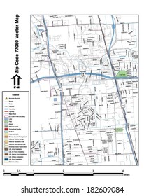 Vector map with summits, rivers, railroads, streets, lakes, parks, airports, stadiums, correctional facilities, military installations and federal lands by zip code 77060 with labels and clean layers.