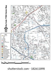 Vector map with summits, rivers, railroads, streets, lakes, parks, airports, stadiums, correctional facilities, military installations and federal lands by zip code 77064 with labels and clean layers.