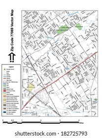 Vector map with summits, rivers, railroads, streets, lakes, parks, airports, stadiums, correctional facilities, military installations and federal lands by zip code 77069 with labels and clean layers.