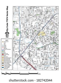 Vector map with summits, rivers, railroads, streets, lakes, parks, airports, stadiums, correctional facilities, military installations and federal lands by zip code 77074 with labels and clean layers.