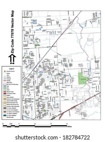 Vector map with summits, rivers, railroads, streets, lakes, parks, airports, stadiums, correctional facilities, military installations and federal lands by zip code 77078 with labels and clean layers.