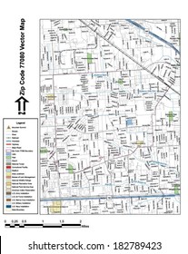 Vector Map With Summits, Rivers, Railroads, Streets, Lakes, Parks, Airports, Stadiums, Correctional Facilities, Military Installations And Federal Lands By Zip Code 77080 With Labels And Clean Layers.