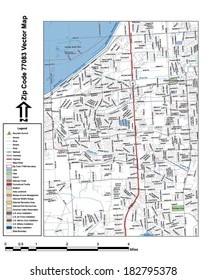 Vector map with summits, rivers, railroads, streets, lakes, parks, airports, stadiums, correctional facilities, military installations and federal lands by zip code 77083 with labels and clean layers.