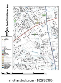 Vector map with summits, rivers, railroads, streets, lakes, parks, airports, stadiums, correctional facilities, military installations and federal lands by zip code 77090 with labels and clean layers.