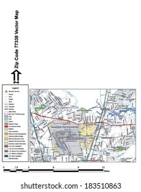 Vector map with summits, rivers, railroads, streets, lakes, parks, airports, stadiums, correctional facilities, military installations and federal lands by zip code 77338 with labels and clean layers.