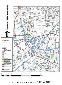 Vector map with summits, rivers, railroads, streets, lakes, parks, airports, stadiums, correctional facilities, military installations and federal lands by zip code 77478 with labels and clean layers.