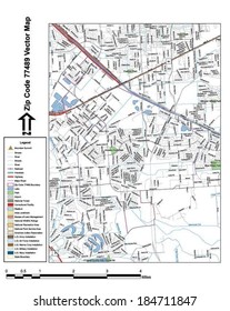 Vector map with summits, rivers, railroads, streets, lakes, parks, airports, stadiums, correctional facilities, military installations and federal lands by zip code 77489 with labels and clean layers.