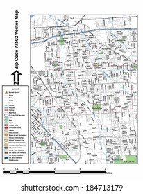Vector map with summits, rivers, railroads, streets, lakes, parks, airports, stadiums, correctional facilities, military installations and federal lands by zip code 77502 with labels and clean layers.