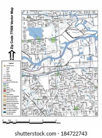 Vector map with summits, rivers, railroads, streets, lakes, parks, airports, stadiums, correctional facilities, military installations and federal lands by zip code 77506 with labels and clean layers.