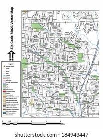 Vector map with summits, rivers, railroads, streets, lakes, parks, airports, stadiums, correctional facilities, military installations and federal lands by zip code 75023 with labels and clean layers.