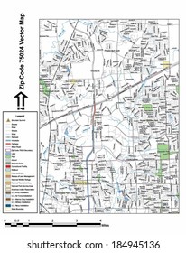 Vector Map With Summits, Rivers, Railroads, Streets, Lakes, Parks, Airports, Stadiums, Correctional Facilities, Military Installations And Federal Lands By Zip Code 75024 With Labels And Clean Layers.