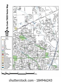 Vector map with summits, rivers, railroads, streets, lakes, parks, airports, stadiums, correctional facilities, military installations and federal lands by zip code 75025 with labels and clean layers.