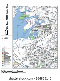 Vector map with summits, rivers, railroads, streets, lakes, parks, airports, stadiums, correctional facilities, military installations and federal lands by zip code 75056 with labels and clean layers.