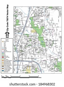 Vector map with summits, rivers, railroads, streets, lakes, parks, airports, stadiums, correctional facilities, military installations and federal lands by zip code 75074 with labels and clean layers.