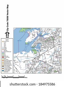 Vector map with summits, rivers, railroads, streets, lakes, parks, airports, stadiums, correctional facilities, military installations and federal lands by zip code 75056 with labels and clean layers.