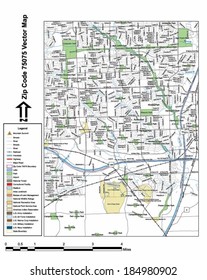 Vector map with summits, rivers, railroads, streets, lakes, parks, airports, stadiums, correctional facilities, military installations and federal lands by zip code 75075 with labels and clean layers.