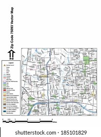 Vector Map With Summits, Rivers, Railroads, Streets, Lakes, Parks, Airports, Stadiums, Correctional Facilities, Military Installations And Federal Lands By Zip Code 75093 With Labels And Clean Layers.