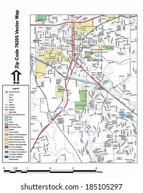 Vector map with summits, rivers, railroads, streets, lakes, parks, airports, stadiums, correctional facilities, military installations and federal lands by zip code 76205 with labels and clean layers.