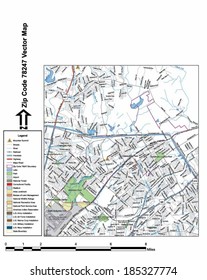 Vector map with summits, rivers, railroads, streets, lakes, parks, airports, stadiums, correctional facilities, military installations and federal lands by zip code 78247 with labels and clean layers.