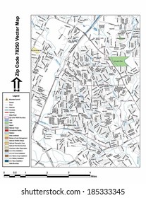 Vector map with summits, rivers, railroads, streets, lakes, parks, airports, stadiums, correctional facilities, military installations and federal lands by zip code 78250 with labels and clean layers.