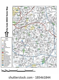 Vector map with summits, rivers, railroads, streets, lakes, parks, airports, stadiums, correctional facilities, military installations and federal lands by zip code 30032 with labels and clean layers.