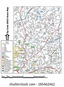 Vector Map With Summits, Rivers, Railroads, Streets, Lakes, Parks, Airports, Stadiums, Correctional Facilities, Military Installations And Federal Lands By Zip Code 30033 With Labels And Clean Layers.