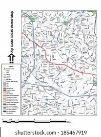 Vector map with summits, rivers, railroads, streets, lakes, parks, airports, stadiums, correctional facilities, military installations and federal lands by zip code 30035 with labels and clean layers.