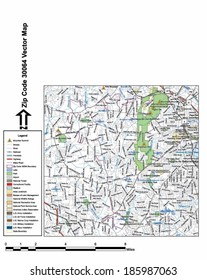 Vector map with summits, rivers, railroads, streets, lakes, parks, airports, stadiums, correctional facilities, military installations and federal lands by zip code 30064 with labels and clean layers.