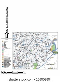 Vector map with summits, rivers, railroads, streets, lakes, parks, airports, stadiums, correctional facilities, military installations and federal lands by zip code 30068 with labels and clean layers.