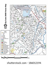 Vector map with summits, rivers, railroads, streets, lakes, parks, airports, stadiums, correctional facilities, military installations and federal lands by zip code 30080 with labels and clean layers.