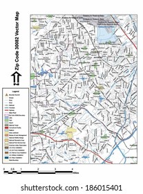 Vector map with summits, rivers, railroads, streets, lakes, parks, airports, stadiums, correctional facilities, military installations and federal lands by zip code 30082 with labels and clean layers.