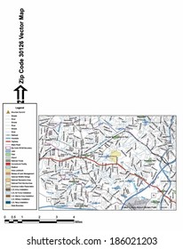 Vector map with summits, rivers, railroads, streets, lakes, parks, airports, stadiums, correctional facilities, military installations and federal lands by zip code 30126 with labels and clean layers.