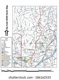 Vector Map With Summits, Rivers, Railroads, Streets, Lakes, Parks, Airports, Stadiums, Correctional Facilities, Military Installations And Federal Lands By Zip Code 30305 With Labels And Clean Layers.