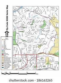 Vector Map With Summits, Rivers, Railroads, Streets, Lakes, Parks, Airports, Stadiums, Correctional Facilities, Military Installations And Federal Lands By Zip Code 30306 With Labels And Clean Layers.